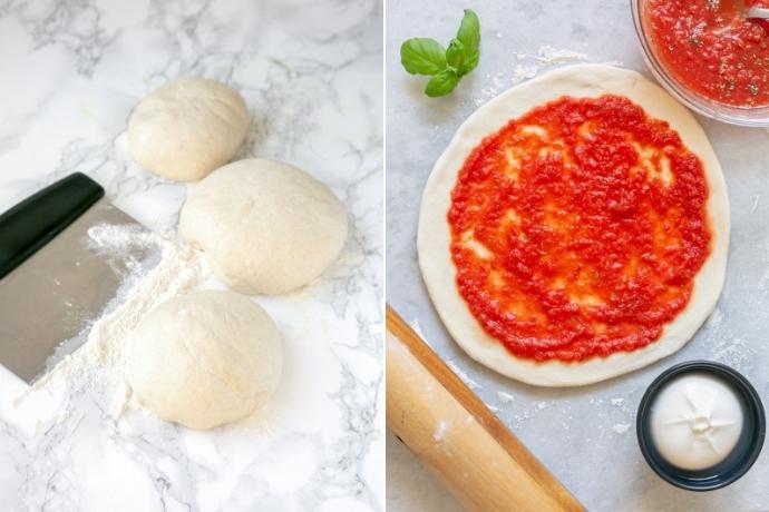 collage of 2 images showing step 5 and 6 of the homemade pizza dough recipe.
