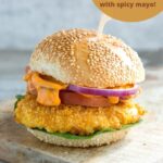 buttermilk oven fried burger with spicy mayo, served with sweet potato fries. Image for Pinterest
