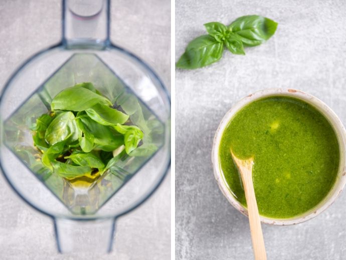 collage of two images, first shows basil garlic and olive oil in the blender, second shows prepared basil oil in a small bowl.