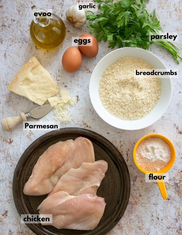 italian breaded chicken cutlets ingredients: parmesan, oil, eggs, garlic, parsley, breadcrumbs, flour, chicken.