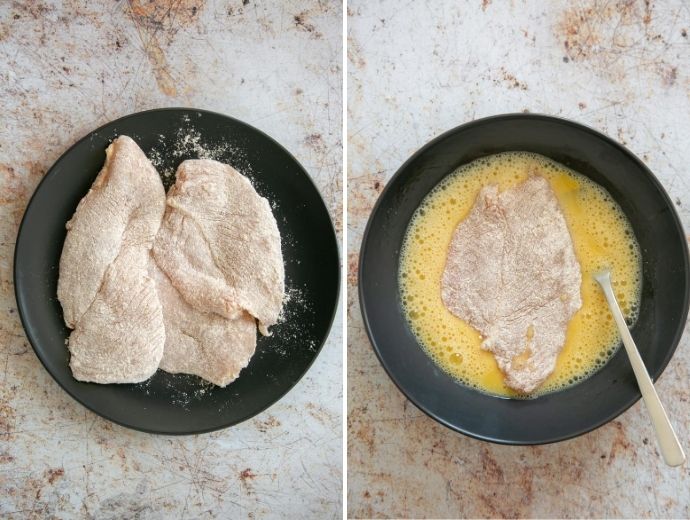 recipe step 1 and 2: chicken slices coated in flour, chicken slice dipped in whisked eggs.