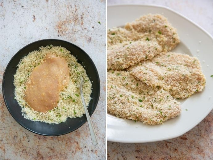 recipe step 3 and 4: chicken slice being coated in breadcrumbs, chicken cutlets on a plate ready to be cooked.