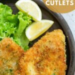 breaded chicken cutlets on a plate with lemon wedges and salad leaves. Image for Pinterest