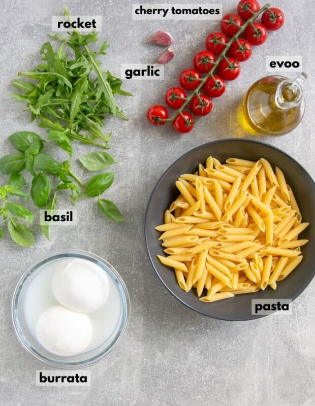 recipe ingredients: penne pasta, cherry tomatoes, olive oil, burrata cheese, rocket, basil, garlic