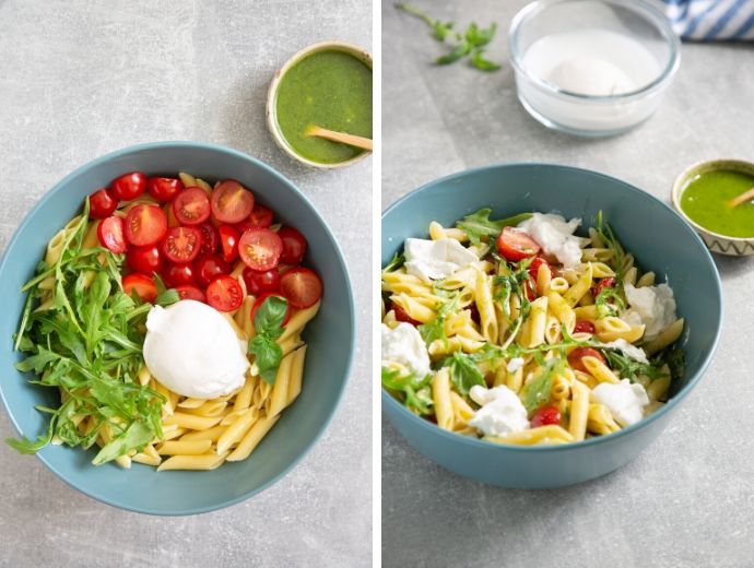 pasta salad recipe steps collage, image 1 shows a bowl with cookked pasta, tomatoes, rocket, burrata and basil leaves, image 2 shows all the ingredients mixed together, and a bowl of basil oil next to the pasta bowl.