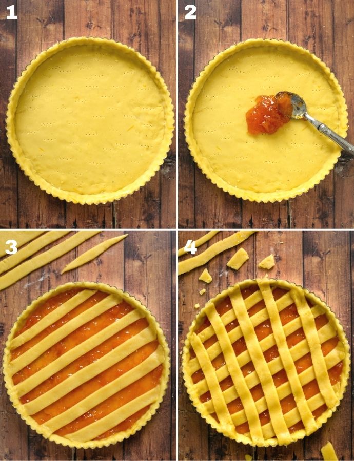 recipe step by step collage of 4 images: 1 image dough lined over a tart pan, 2 image spoon spreading jam over the base, 3 image first layer of strips over the filling, 4 image second layer of strips to form a crisscross pattern.