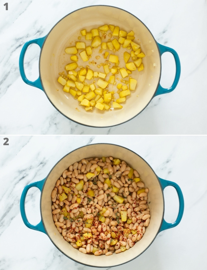 recipe step 1-2 collage: first image showing a pot with oil and sauteed cubed potatoes and garlic. Second images shows beans, thyme and red chili flakes added into the pot.