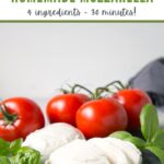 homemade mozzarella balls served with tomatoes and basil leaves. Image optimized for Pinterest.