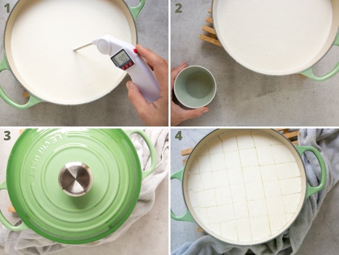 mozzarella recipe collage: step 1, heat milk in a pot until reaches 43 degrees. Step 2, pour rennet over milk. Step 3, cover the pot with a lid and let sit. Step 4, cut the curds in a grid-pattern., 