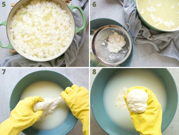 homemade mozzarella recipe steps: step 5, curds forming in the pot. Step 5, curds drained in a strainer over a bowl. Step 7, hands with rubber gloves forming the mozzarella dough. Step 8, hands with rubber gloves forming a mozzarella ball.