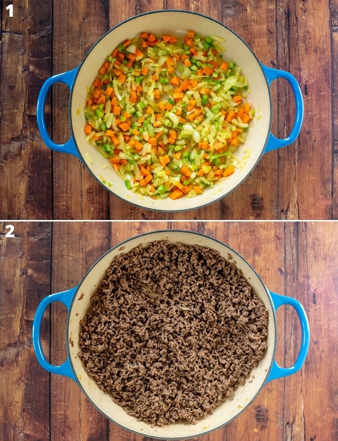 cottage pie recipe step 1 and 2 collage: first images shows vegetables stir-fried in a skillet. Second image shows minced beef browned in a skillet.