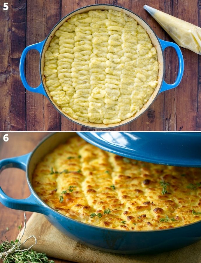 recipe step 5 and 6: first image shows skillet topped with mashed potatoes. Second image shows the baked cottage pie ready to be served.