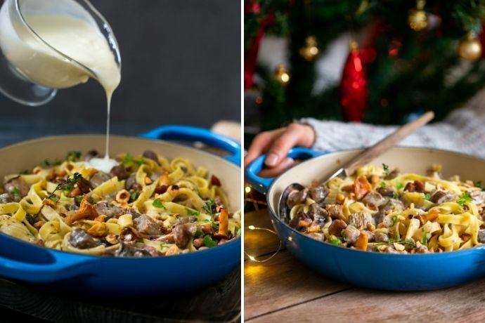 collage of 2 images: first image shows cheese white sauce poured over the pasta, second image shows pasta hand serving the pasta dish in a cast iron shallow pot.