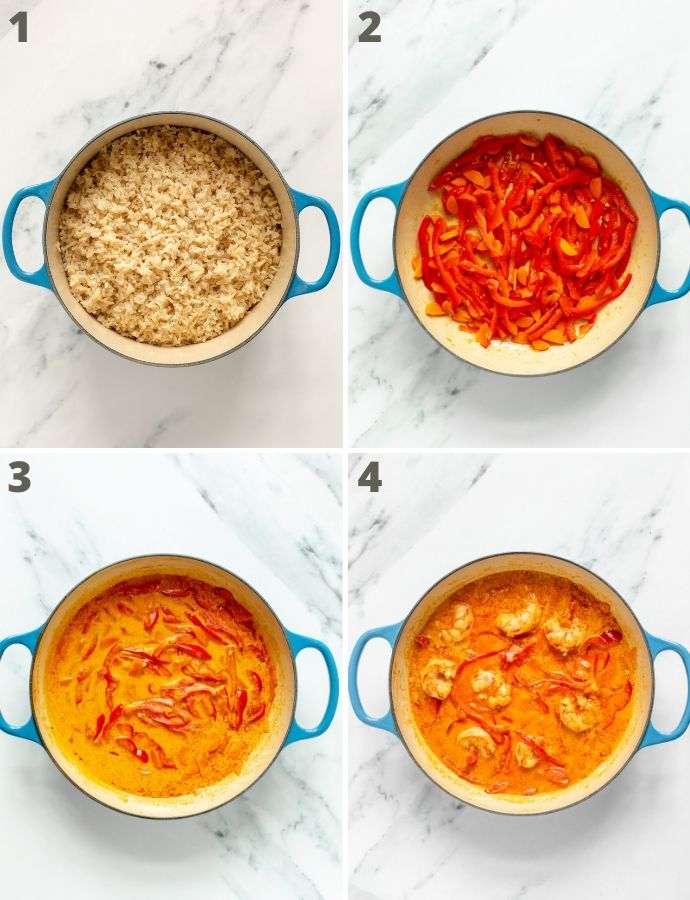 thai prawn curry recipe step by step image collage: first image shows rice being cooked in a pot. Second image shows vegetables being cooked in a large skillet. Third image shows coconut milk and stock powder added into the skillet with the veggies. Fourth image shows kind prawns added into the skillet with the previous ingredients.