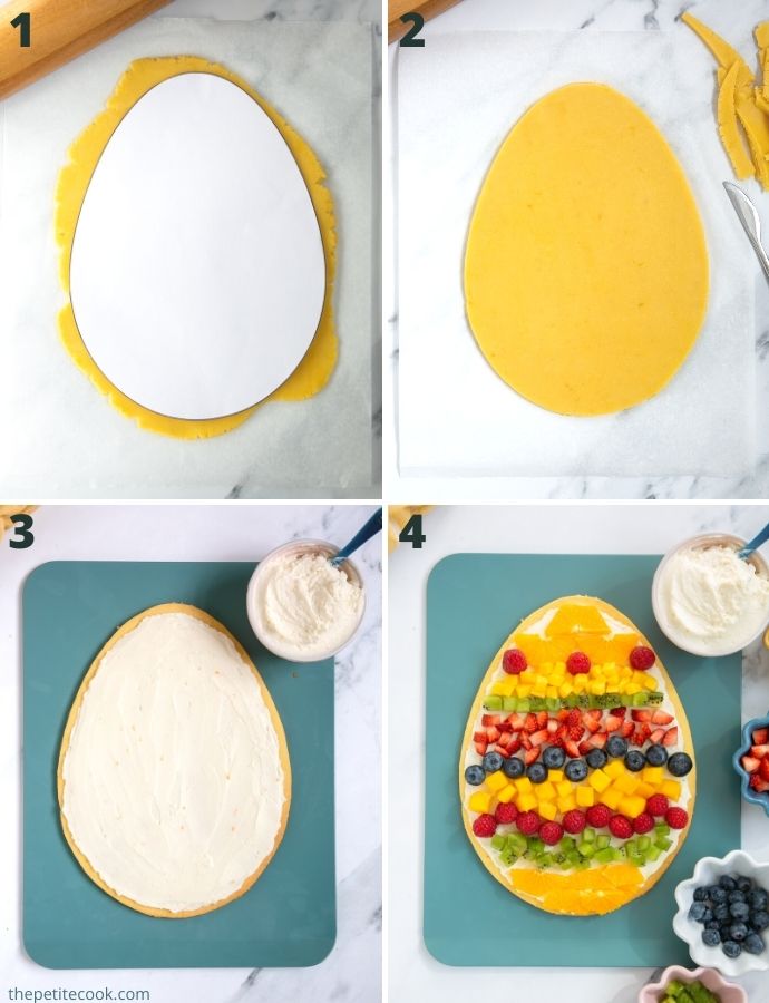 recipe method steps colalge: first image shows dough covered with egg template. Second image shows dough cut into egg shape. Third image shows cream spread over the egg tart base. Fourth image shows mixed fruit arranged over the cream frosting.