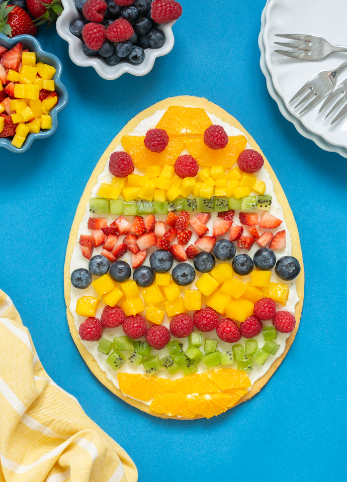 egg-shaped easter fruit tart.