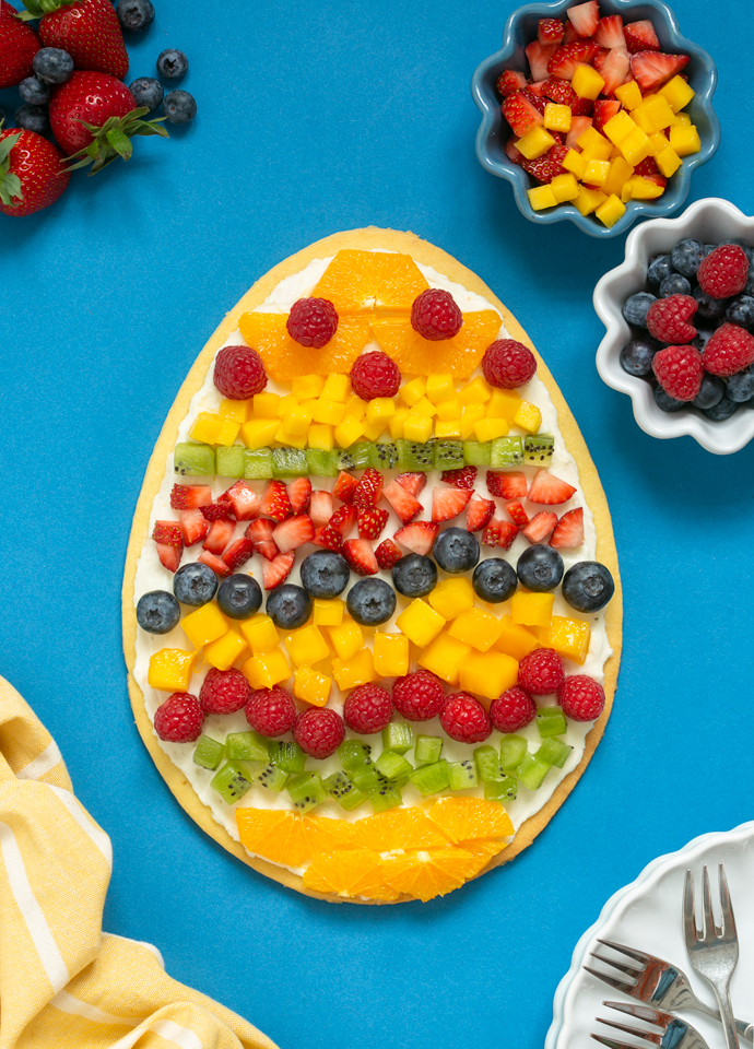 egg-shaped easter fruit tart.