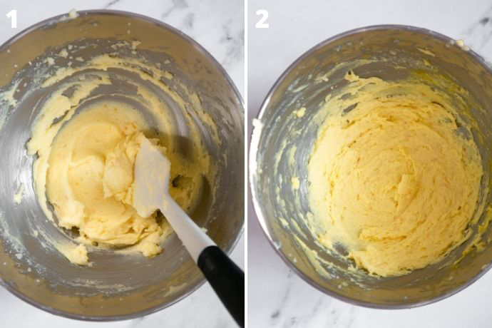 recipe steps 1 and 2 collage: 1 image shows butter and sugar whipped together. Second images shows the mixture after you add the eggs in.