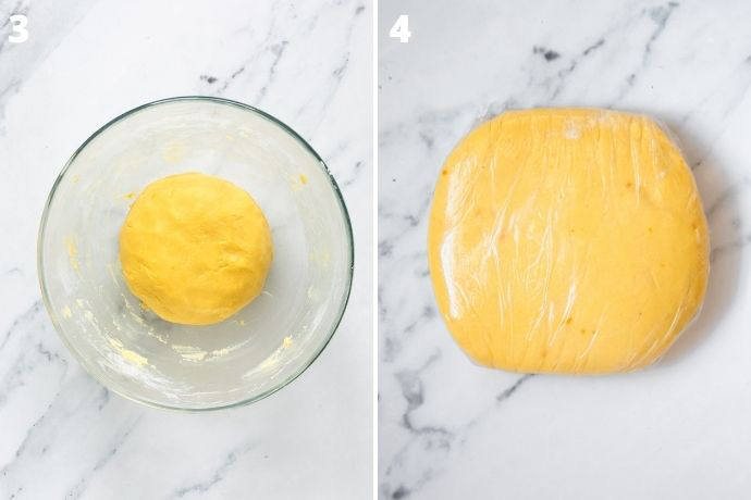 recipe step 3 and 4 collage: first image shows the dough ball in a bowl. Second image shows the dough flatten into a disk and wrapped with cling film.