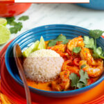 red thai prawn curry. Image with text for Pinterest.