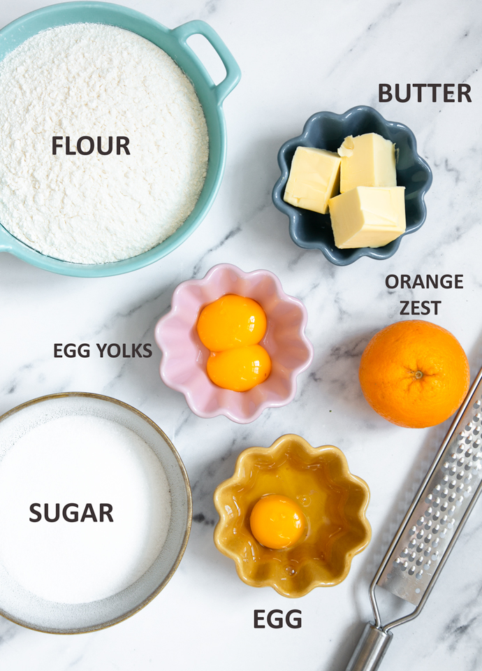 pasta frolla ingredients: flour, butter, orange zest, 2 egg yolks, 1 egg, sugar.