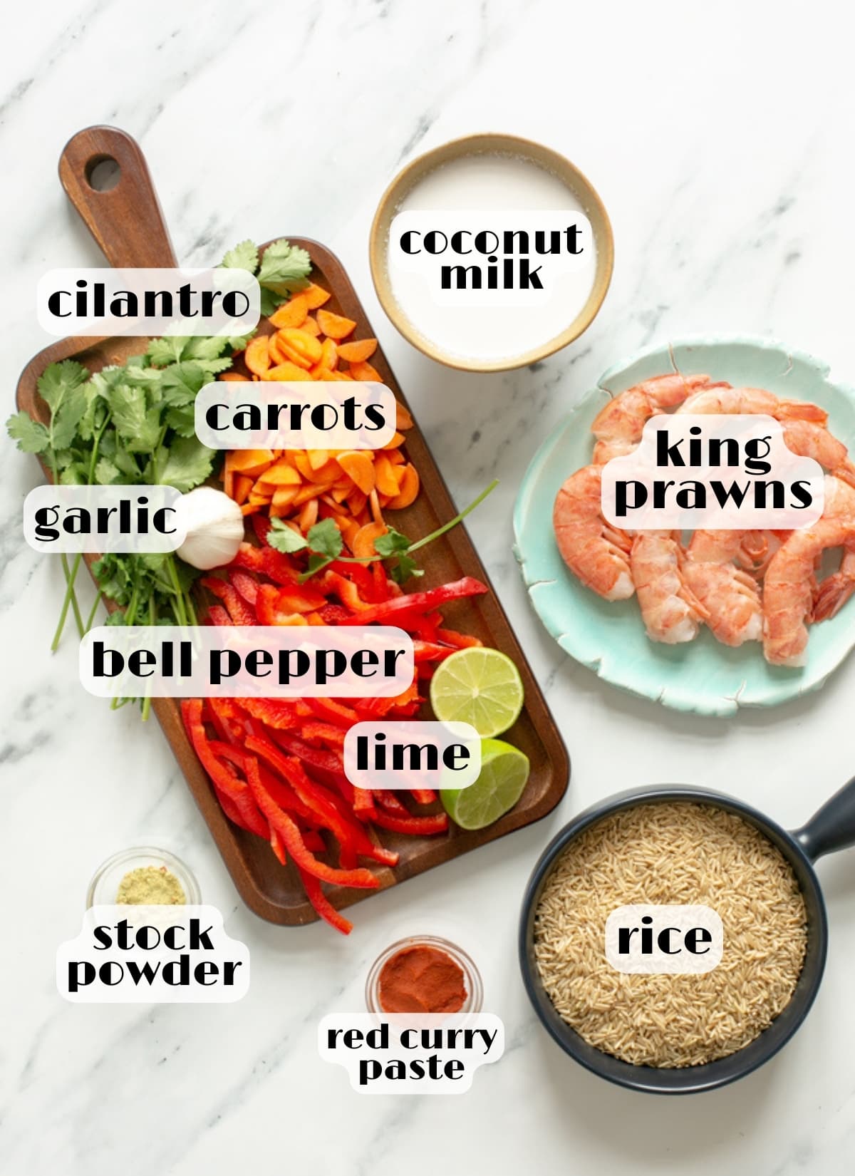 thai prawn curry ingredients: prawns, red curry paste, coconut milk, vegetables, cilantro, garlic, stock powder, lime.