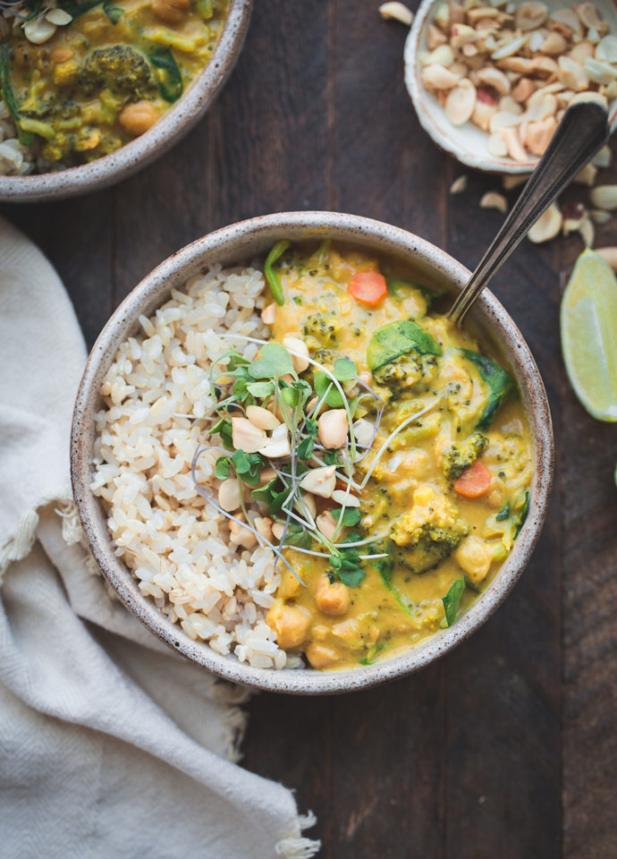 broccoli chickpea curry served with rice.