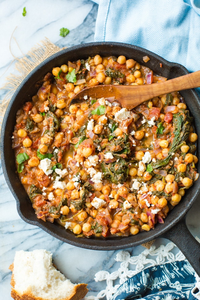 chickpea stew with spinach and feta.