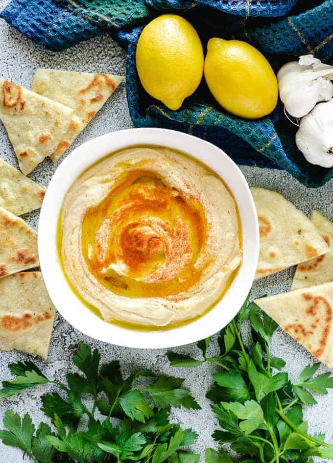 roasted garlic hummus served with pita bread.