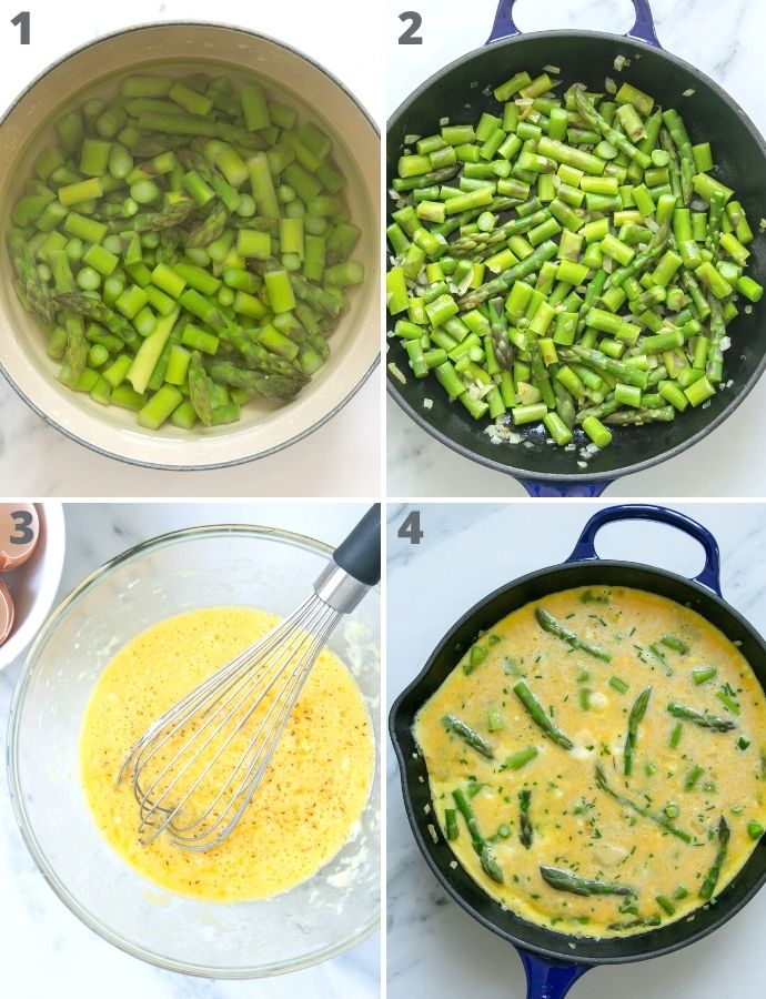 Collage of 4 images: 1 image shows blanched asparagus in a pot of water. 2 image shows asparagus and onion sauteed in a skillet. 3 image shows eggs beaten with cheese. 4 images shows egg mixture covering the aspragus in the skillet.
