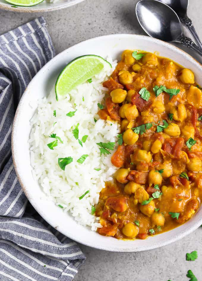 vegan chickpea curry served with rice.