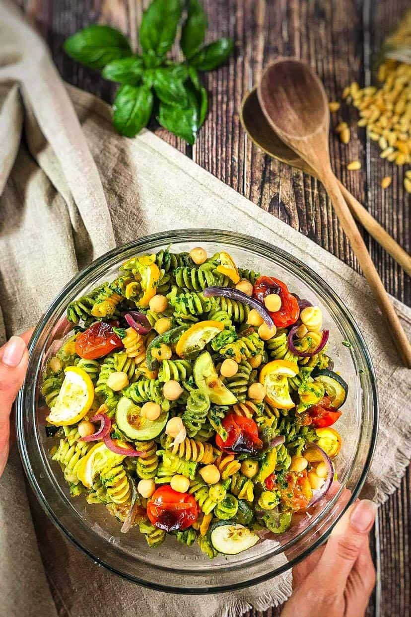 vegan pasta salad with chickpeas and roasted veggies.