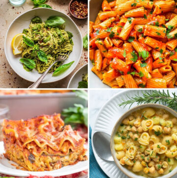 collage of 4 vegan pasta recipes: green pasta, pasta all arrabbiata, vegan lasagna, pasta and chickpeas.