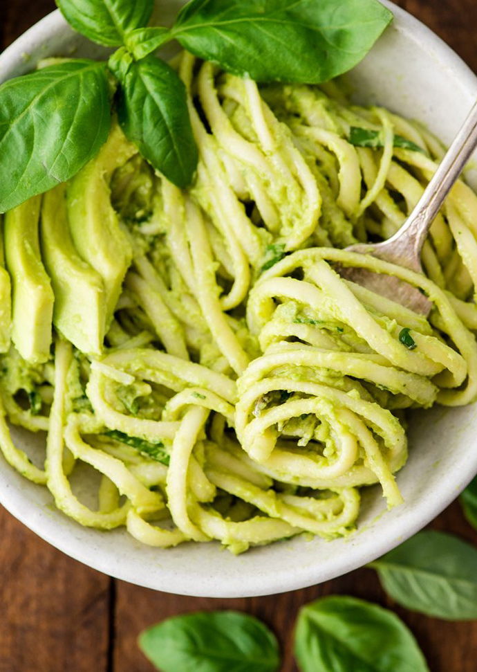 vegan avocado pasta sauce with spaghetti, topped with sliced avocado and basil leaves.