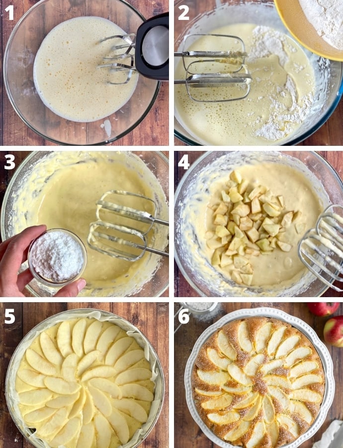 recipe step-by-step collage: 1st image eggs and sugar mixed, 2nd image flour incorporated, 3rd image baking powder added in, 4th apples added in, 5th image batter in cake pan topped with sliced apples, 6th image baked apple cake.