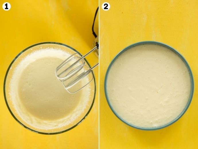 ricotta cheesecake recipe step-by-step collage: first image shows cake batter mixed with hand mixer, second image shows the batter poured into the cake pan.