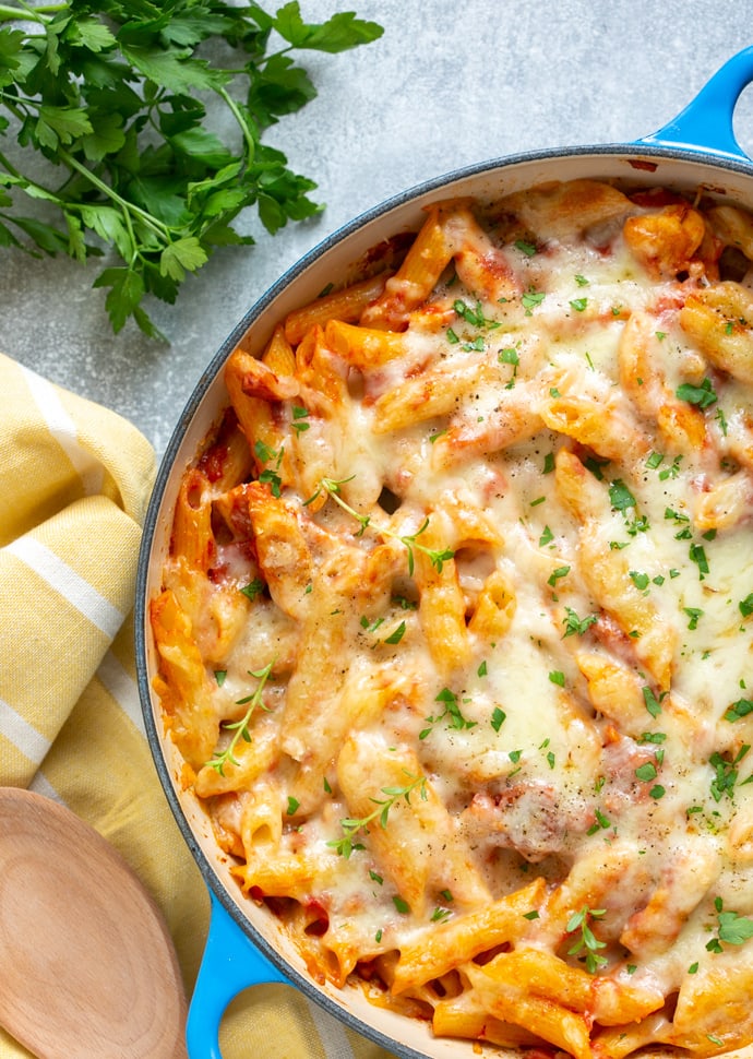 chicken bacon pasta bake in casserole pan.