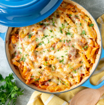 chicken bacon pasta bake in casserole pan.