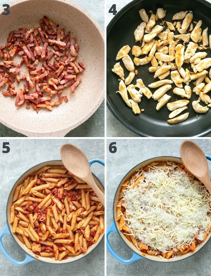chicken pasta bake step by step recipe collage of 4 images: chicken cooked in a skillet, bacon cooked in a skillet, cooked pasta mixed with tomato sauce, bacon and chicken, then topped with parmesan and mozzarella, ready to be baked in the oven.