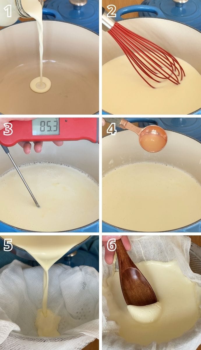 mascarpone recipe steps collage: cream poured into pan, cream stirred, cream reaches temperature of 85 C, lemon juice added in, cream poured into a sieve lined with cheesecloth, mascarpone cheese ready.