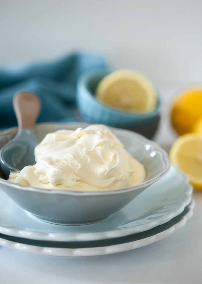 homemade mascarpone cheese in a bowl.