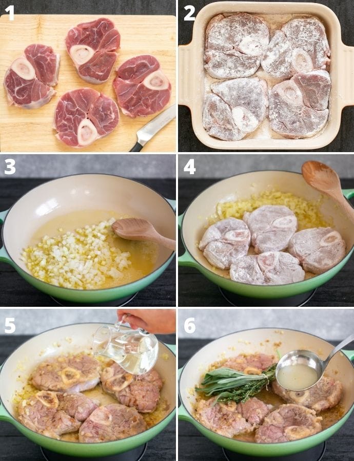 recipe steps collage: veal shanks with incisions around the meat, meat being floured, onion cooked in a pot with oil, meat added into the pot, wine poured into the pot, fresh herbs and broth added into the pot to slow cook with the meat until cooked through.
