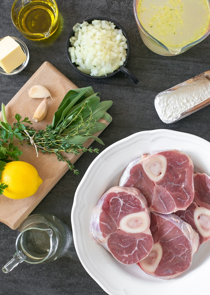 ossobuco recipe ingredients: veal shanks, broth, flour, onion, oil, garlic, butter, lemon,thyme, sage, parsley, white wine.