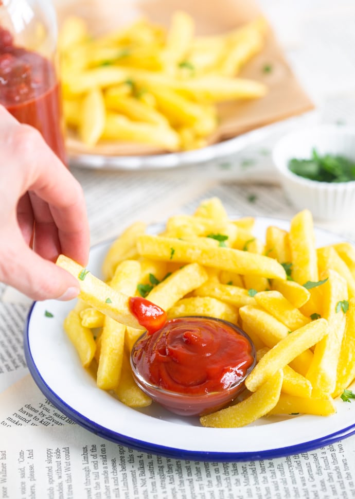 Homemade ketchup with french fries.