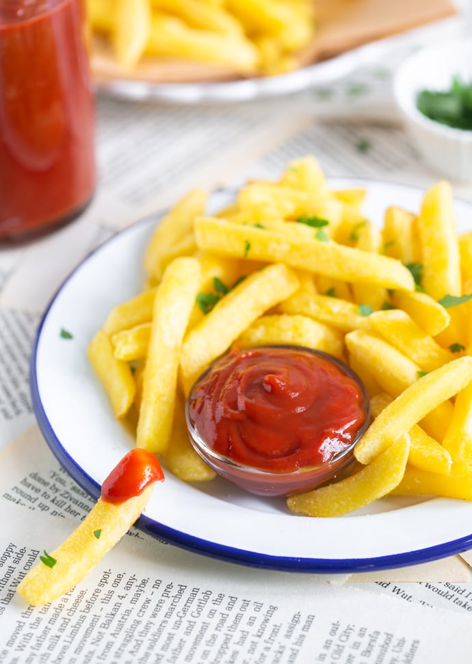 Homemade ketchup with french fries.