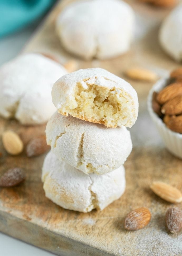 italian amaretto cookies coated in powdered sugar. 