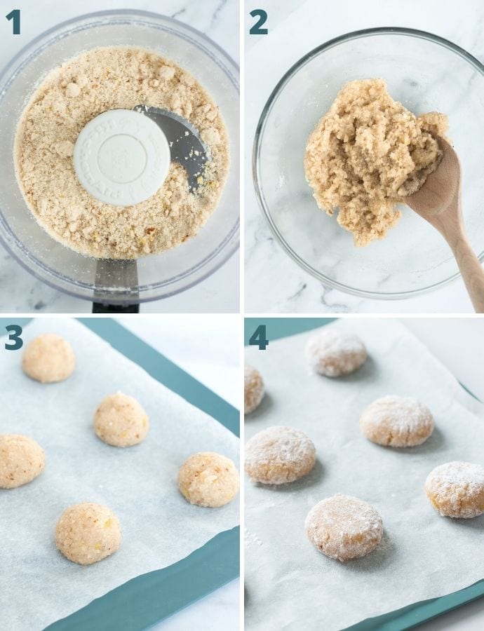 recipe method step by step images: almonds mixed with sugar and lemon, egg whites added in to form the cookie dough, then the mixture is divided into small balls, dusted with powdered sugar then baked.