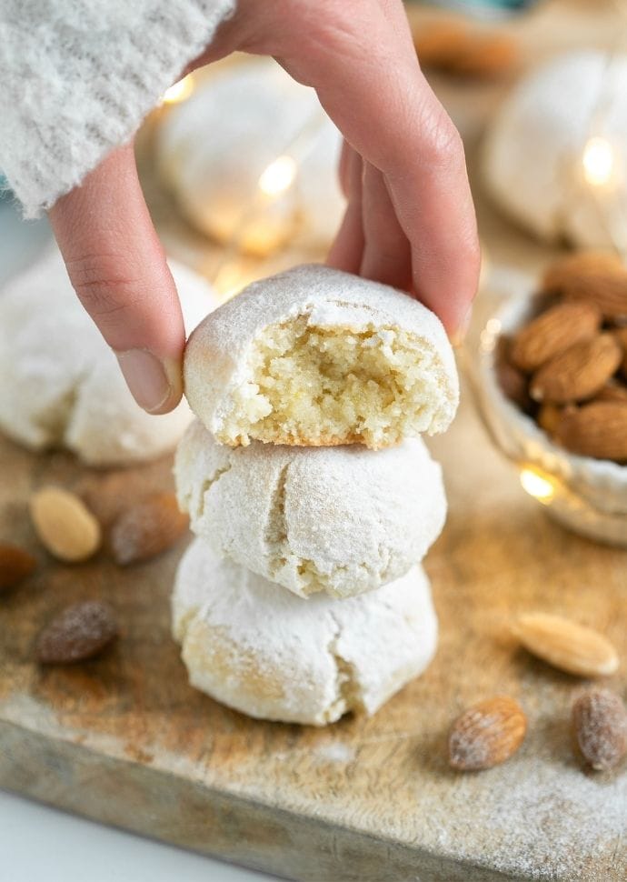 italian amaretto cookies coated in powdered sugar.