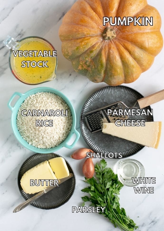 risotto ingredients: pumpkin, carnaroli rice, butter, shallots, parsley, white wine, parmesan cheese, vegetable stock.