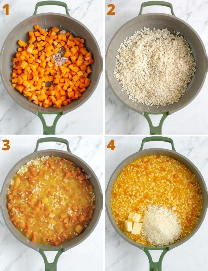 recipe method 4 steps images: pumpkin sauteed in a large pan, rice toasted in a large pan, rice and pumpkin cooked together with stock, parmesan and butter added into the pan when the risotto is ready.